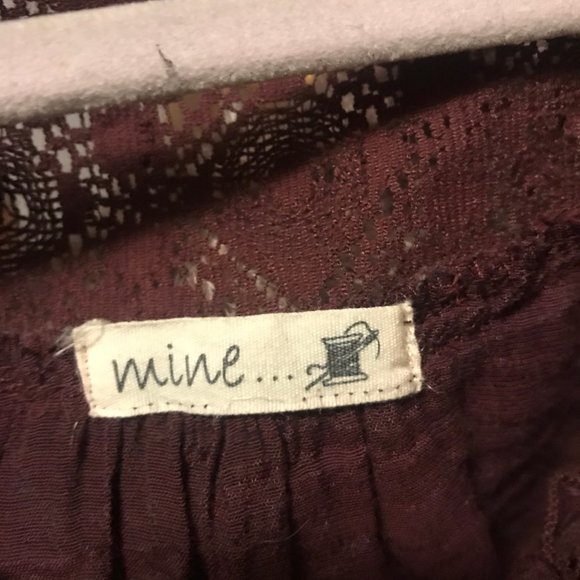 Short Sleeve Button-Down Lacy Blouse, Burgundy, M - Picture 6 of 8